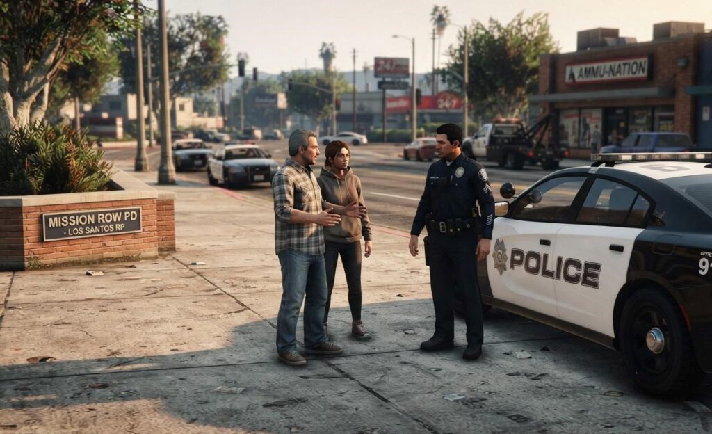 Police cruiser and civilian characters interacting on a custom FiveM roleplay map