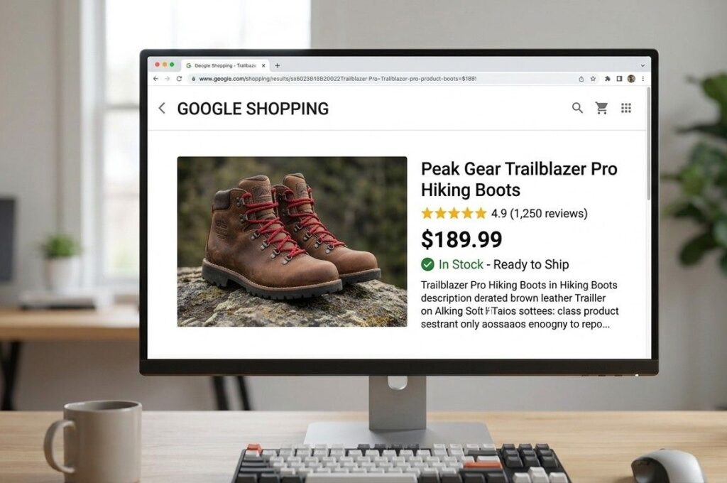 Google Shopping result showing price, rating and availability from structured data