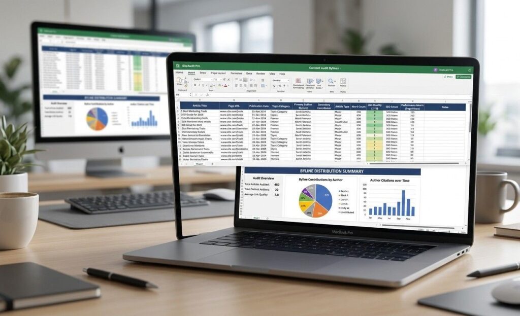 Content audit spreadsheet tracking author bylines across a website